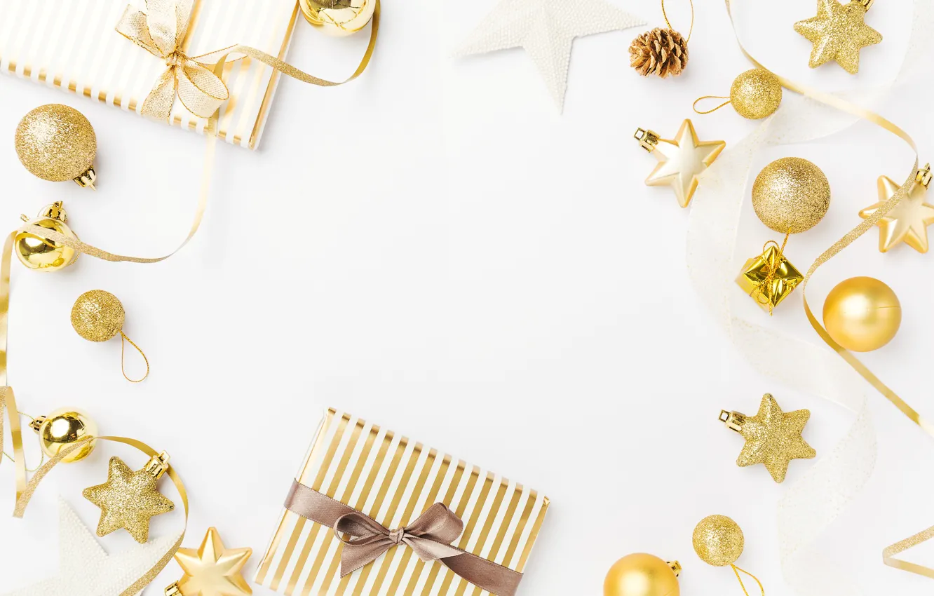 Фото обои украшения, шары, Новый Год, Рождество, подарки, golden, Christmas, balls
