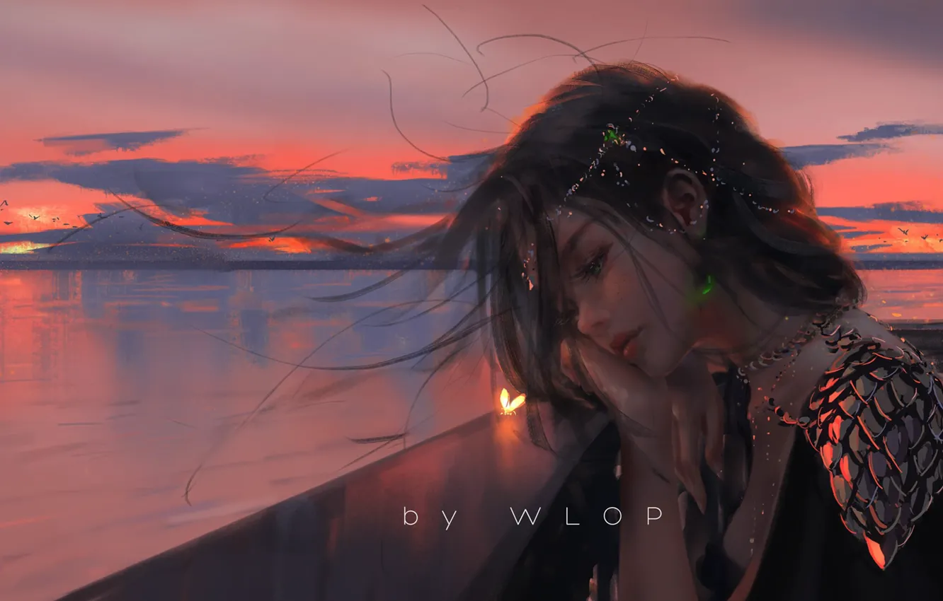 Фото обои girl, fantasy, river, sunset, blue eyes, birds, digital art, artwork