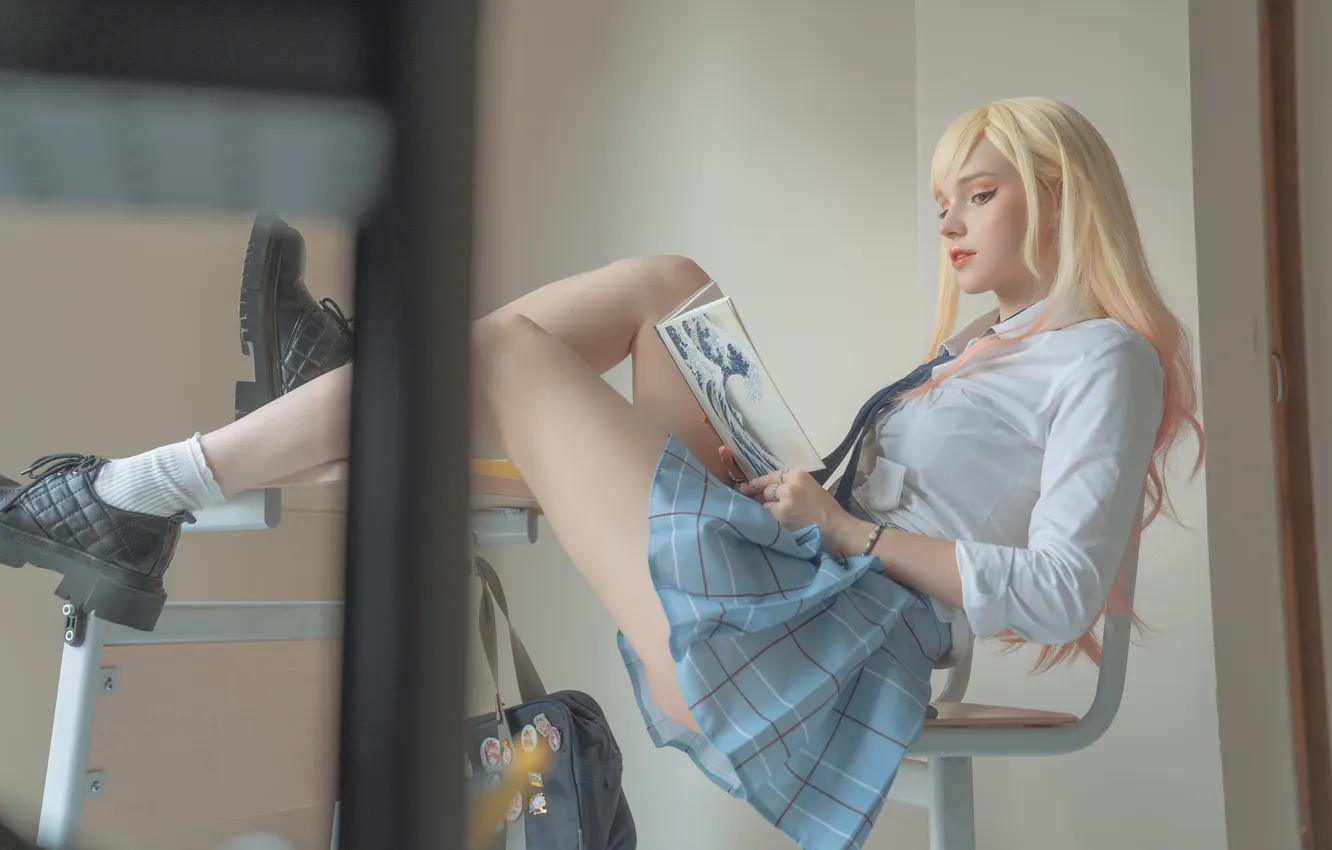 Фото обои long hair, model, women, cosplay, blonde, indoors, schoolgirl, legs up