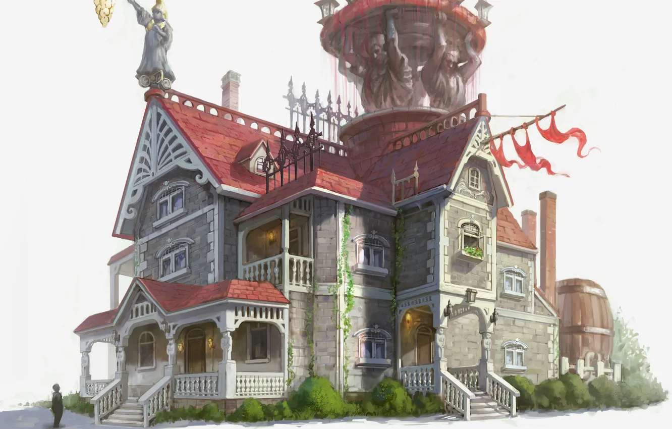 Фото обои человек, Дом, лестницы, балкон, флаги, скульптуры