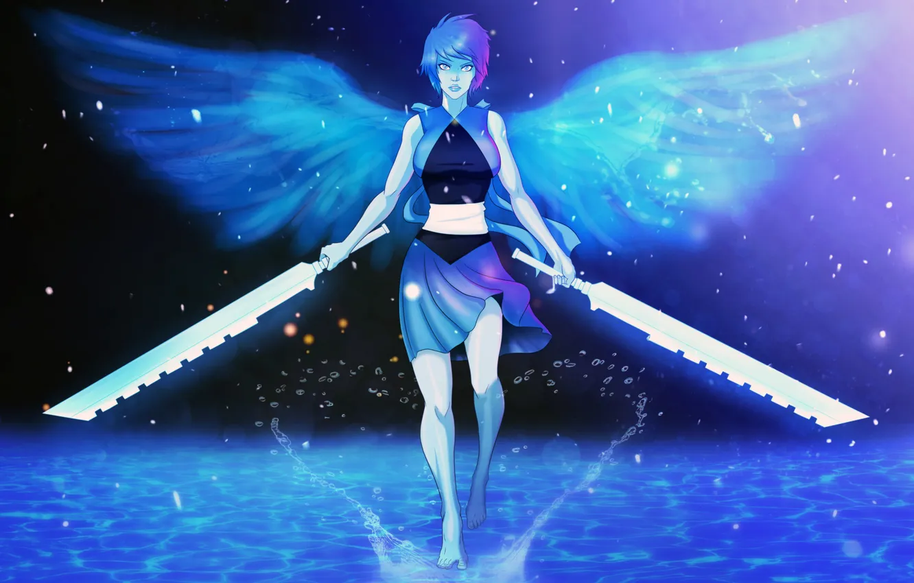 Фото обои взгляд, вода, девушка, капли, крылья, меч, аниме, арт