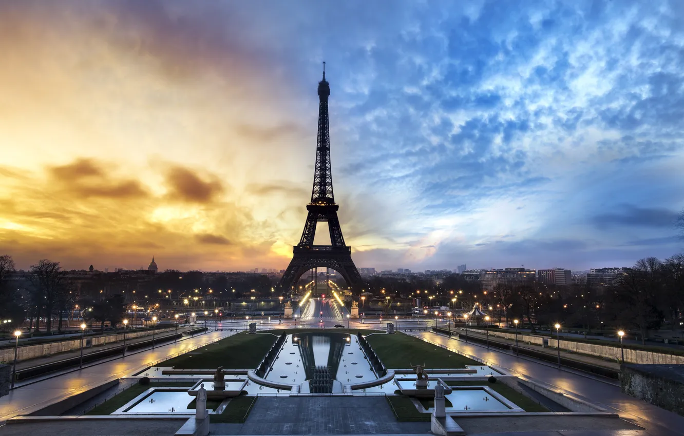 Фото обои Париж, Paris, sunset, France, Елисейские поля, Eiffel Tower