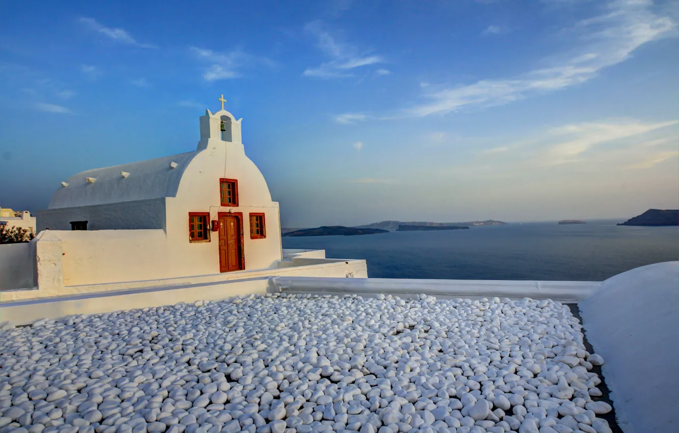 Фото обои море, небо, горы, остров, Санторини, Греция, церковь