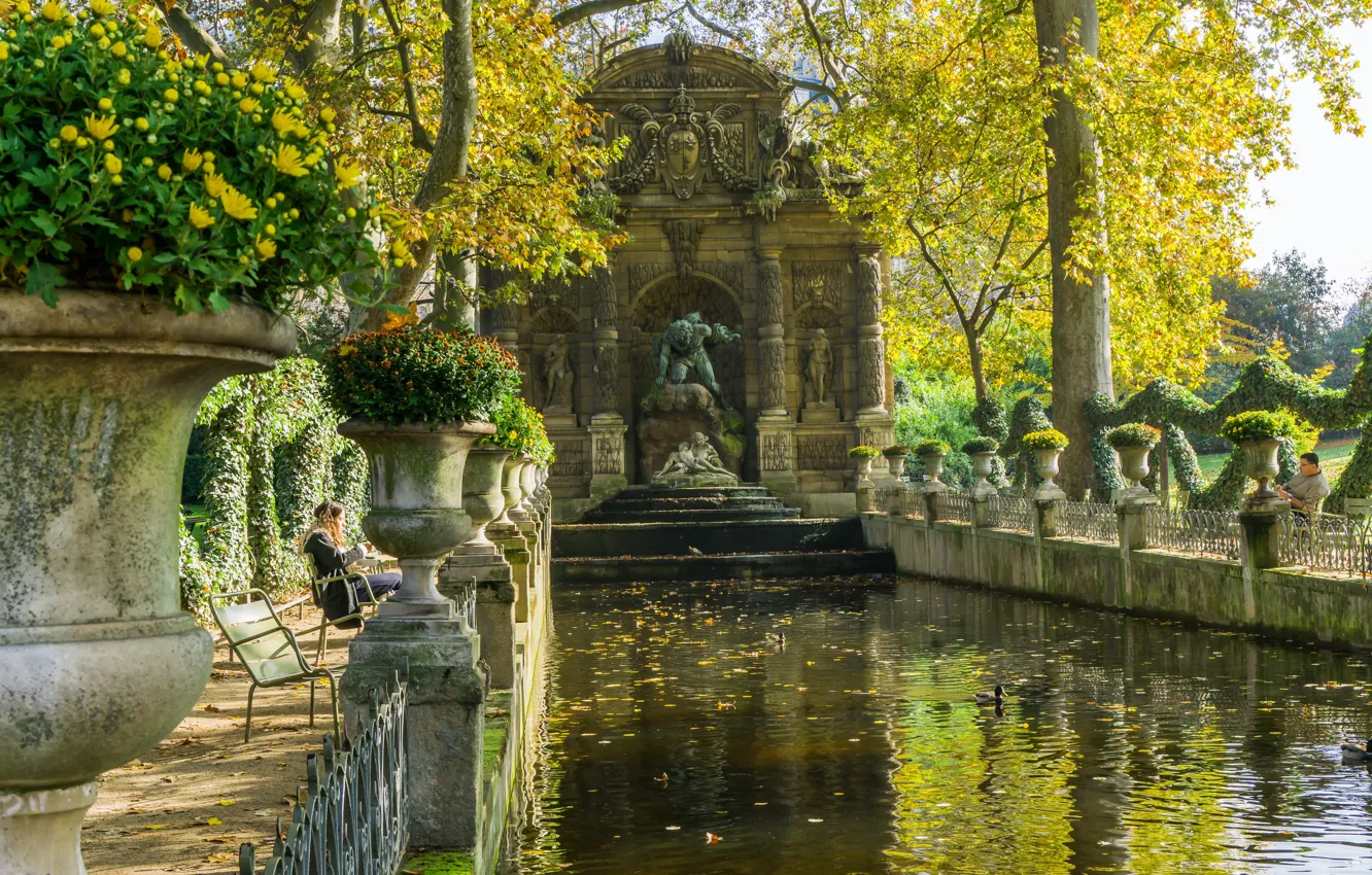 Фото обои осень, парк, Франция, Париж, фонтан Медичи