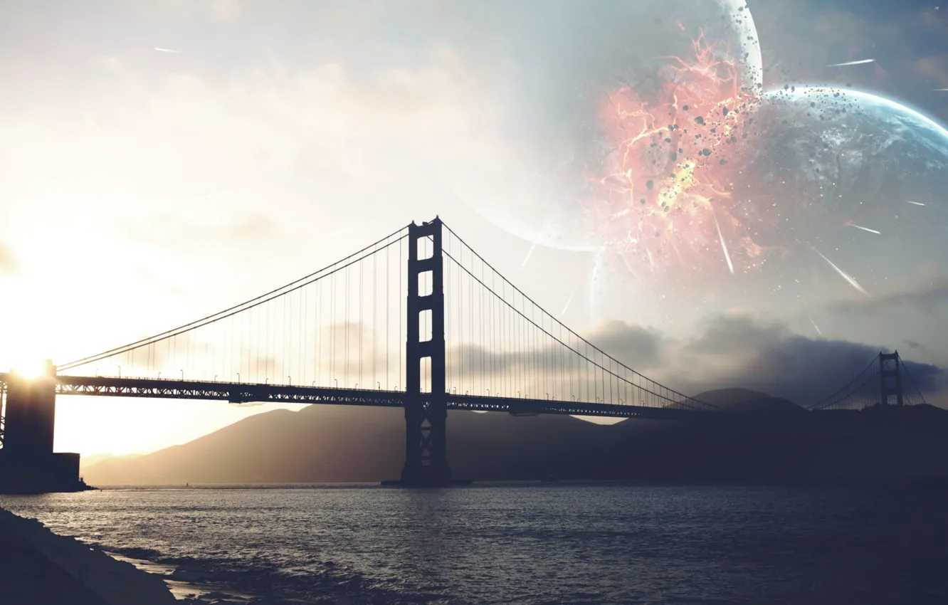 Фото обои Небо, Мост, Планета, Вид, Взрыв, Планеты, Сан-Франциско, Золотые ворота