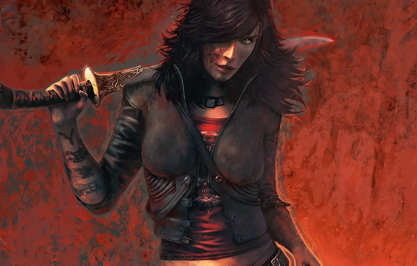 Фото обои взгляд, девушка, красный, меч, арт, куртка, футболка, girl