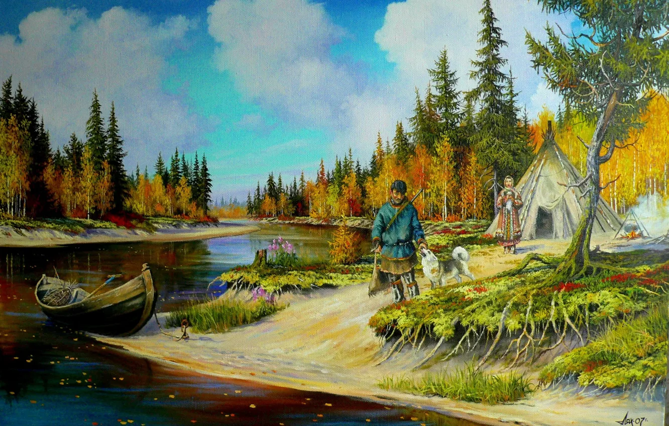 Фото обои природа, река, собака, арт, охотник, Андрей Лях