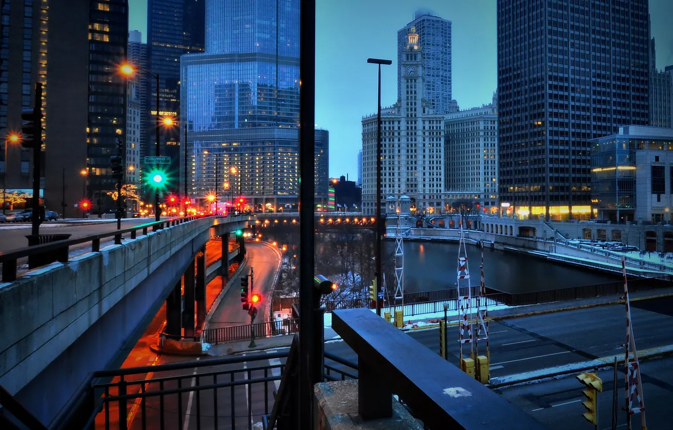 Фото обои city, огни, небоскребы, вечер, USA, америка, чикаго, Chicago