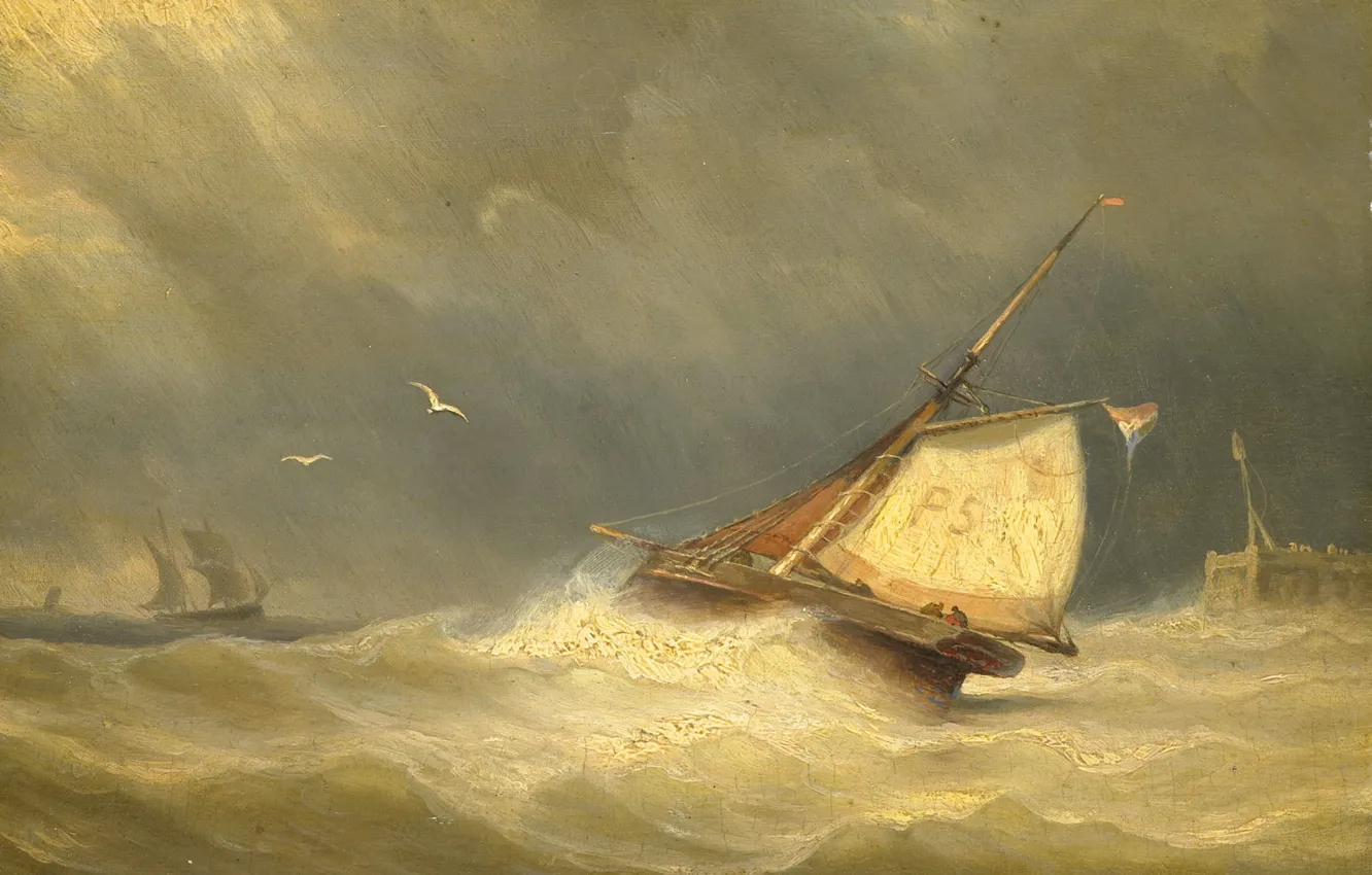 Фото обои шторм, лодка, картина, парус, морской пейзаж, Бурное Море с Парусными Судами, Georges Johannes Hoffmann