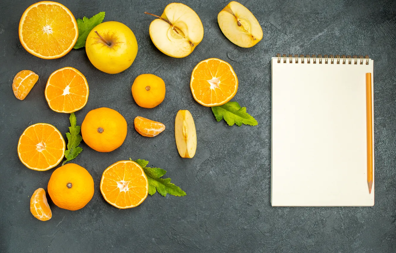 Фото обои яблоки, апельсин, блокнот, мандарины