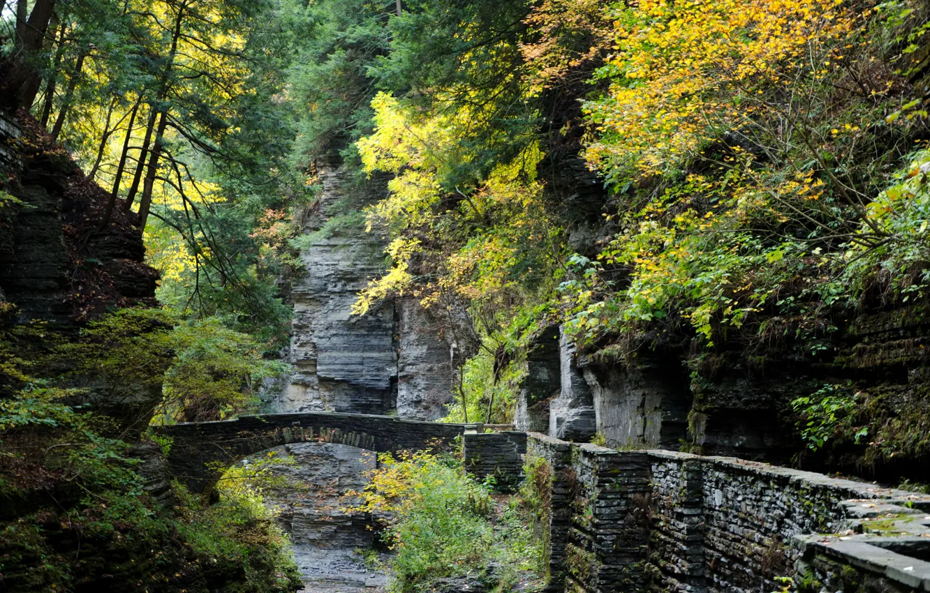 Фото обои Мост, Осень, Скалы, USA, США, Nature, Fall, Bridge