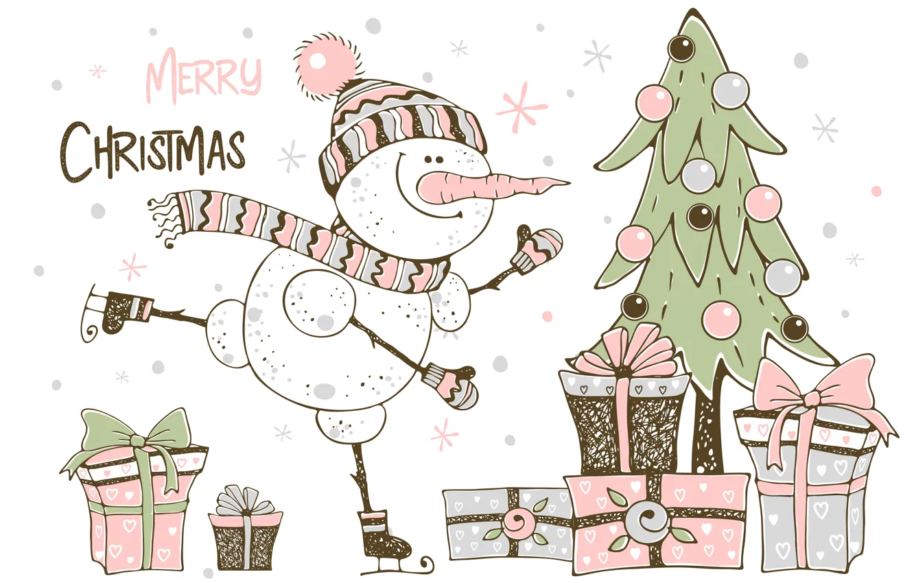 Фото обои зима, елка, Рождество, снеговик, christmas, открытка, snowman