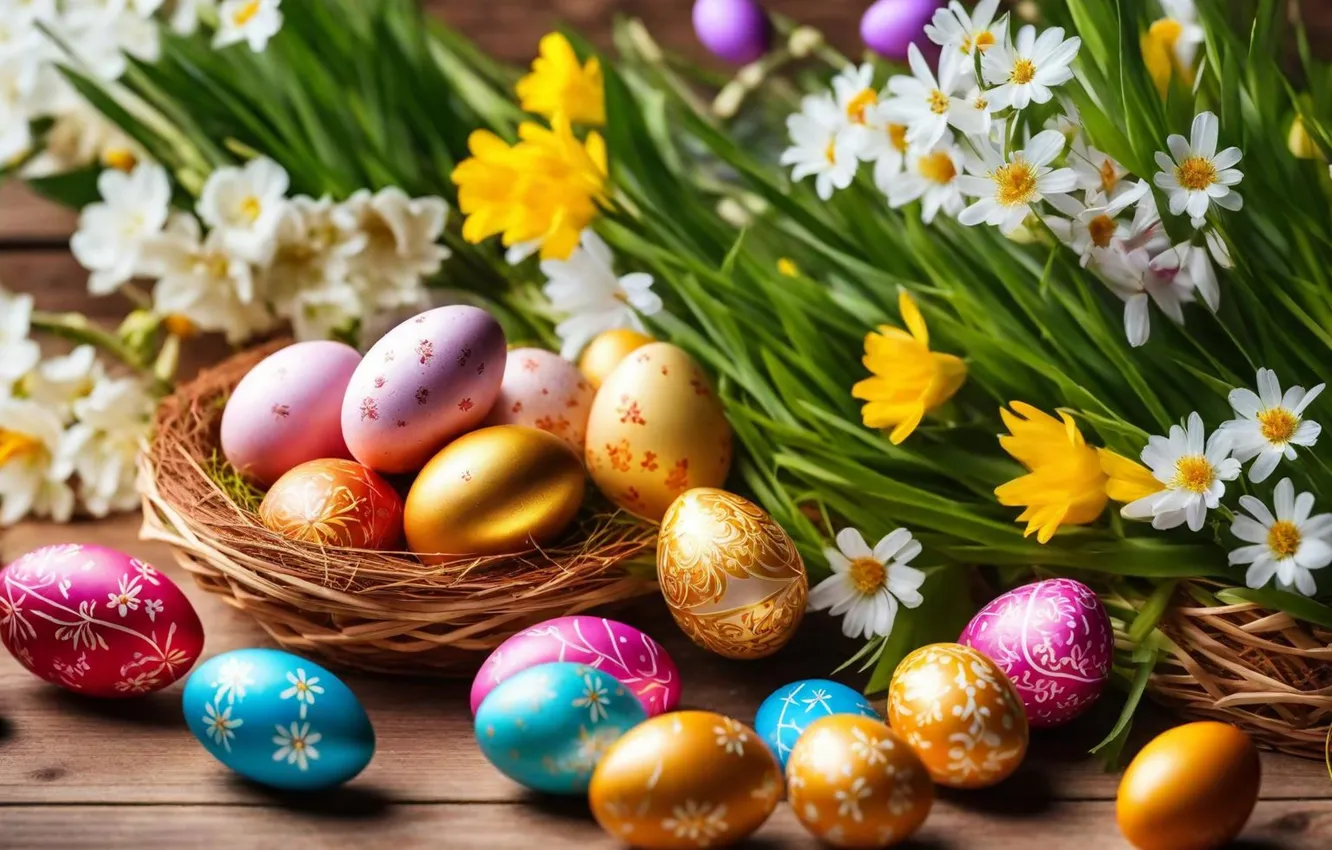 Фото обои цветы, яйца, весна, colorful, Пасха, happy, flowers, spring