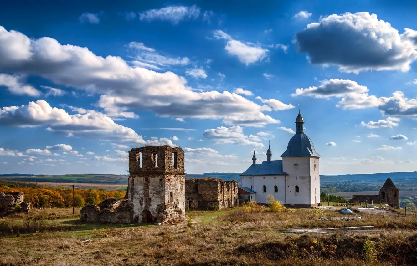 Фото обои лес, небо, облака, Украина, Подгорянский василианский монастырь, Теребовля