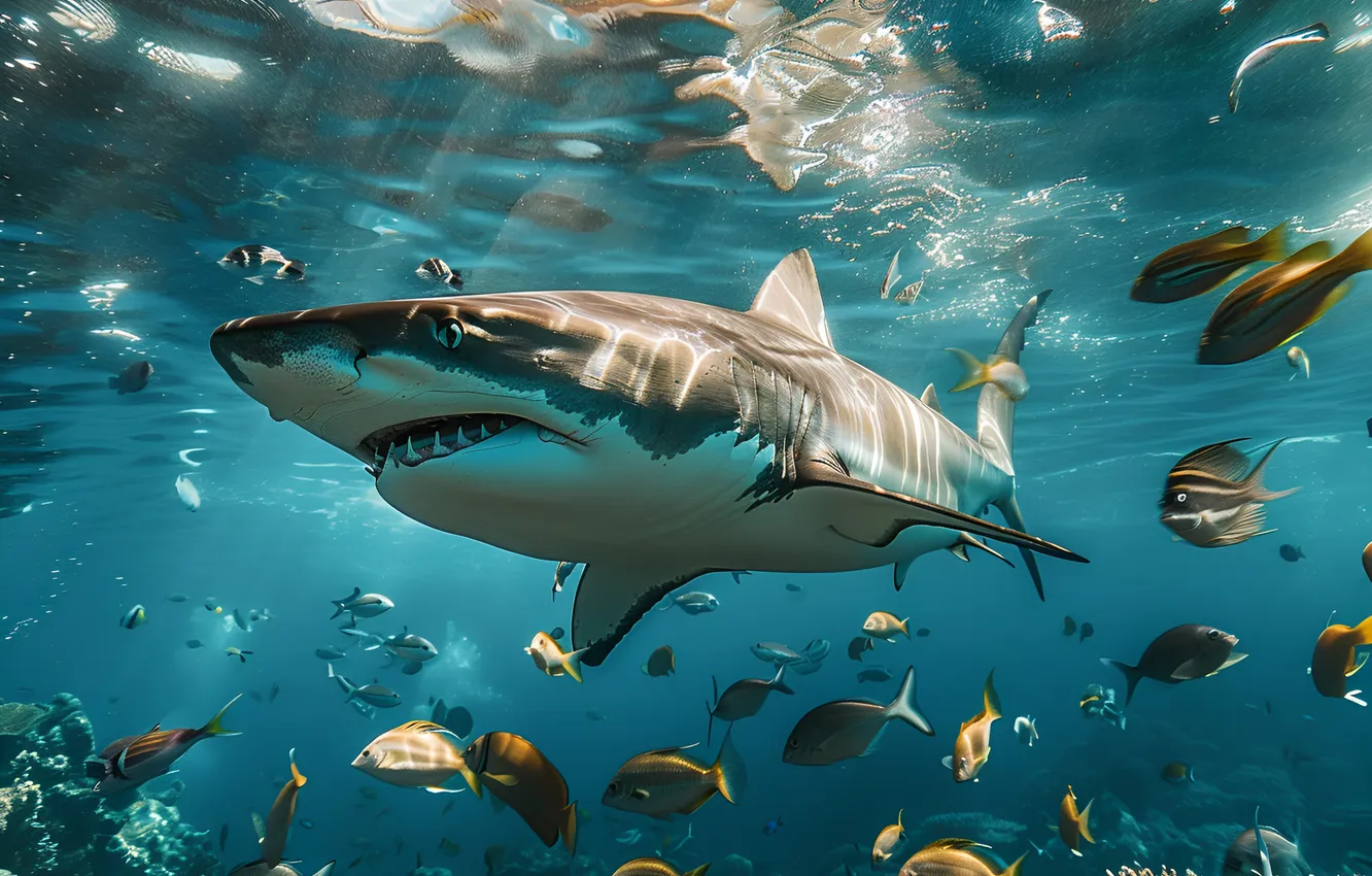 Фото обои рыба, хищник, акула, подводный мир, цифровое искусство, ИИ-арт, Искусство искусственного интеллекта, НЕЙРОСЕТЬ