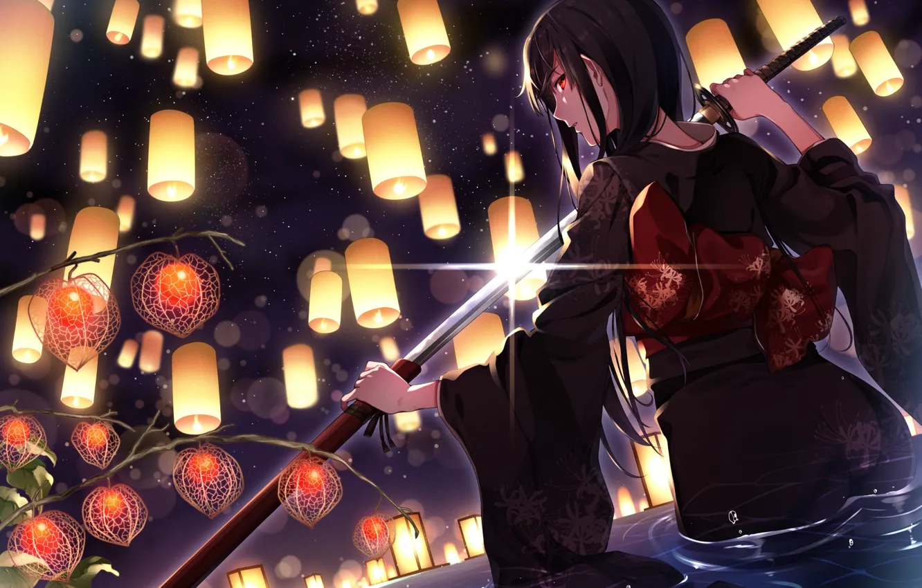 Фото обои девушка, меч, фонари, кимоно, anime, art