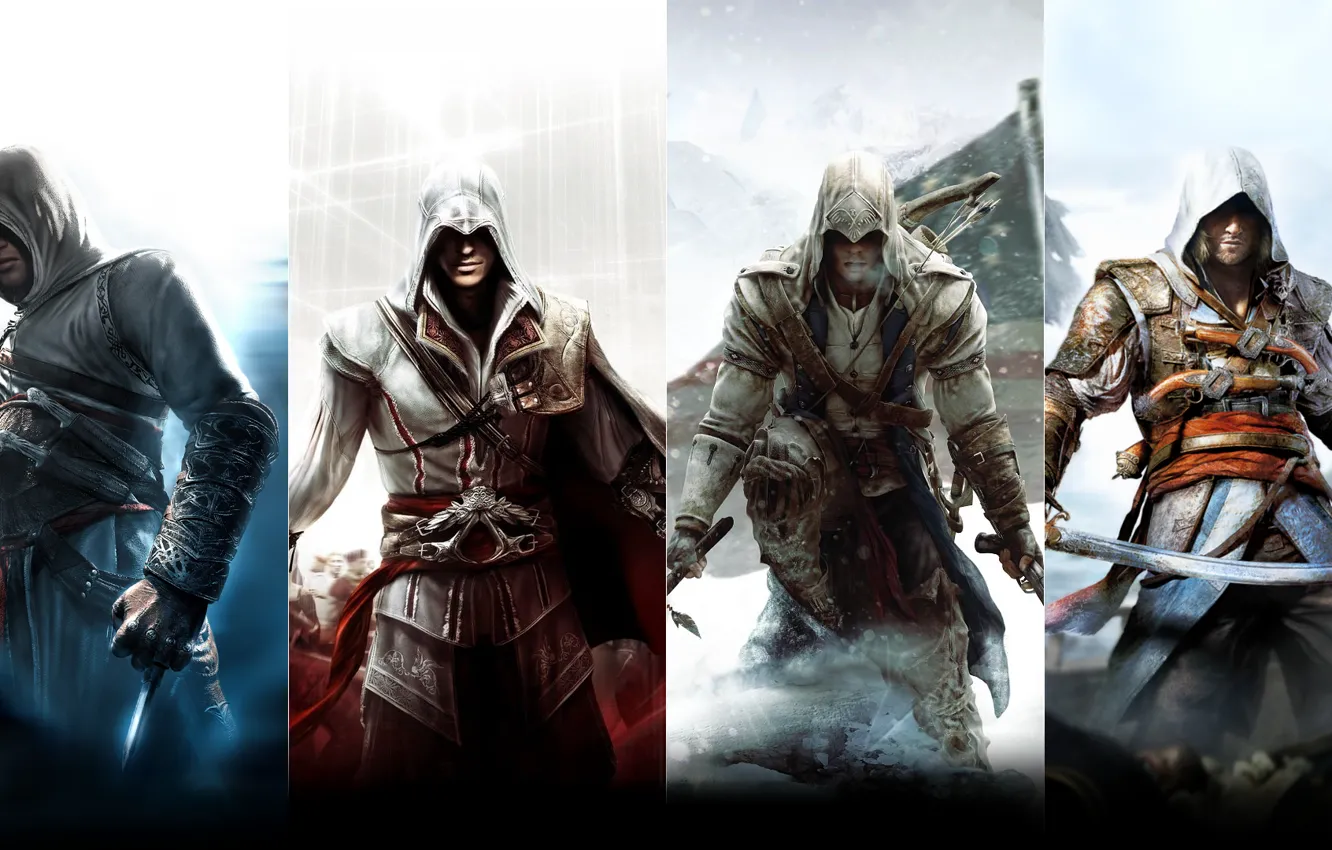 Фото обои Assassin's Creed, Altair, Ezio Auditore da Firenze, Connor Kenway, Edward Kenway
