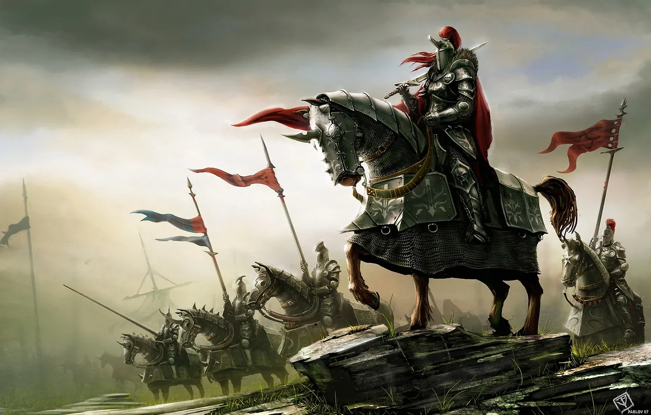 Фото обои оружие, кони, армия, войны, арт, всадники, знамя, доспеха