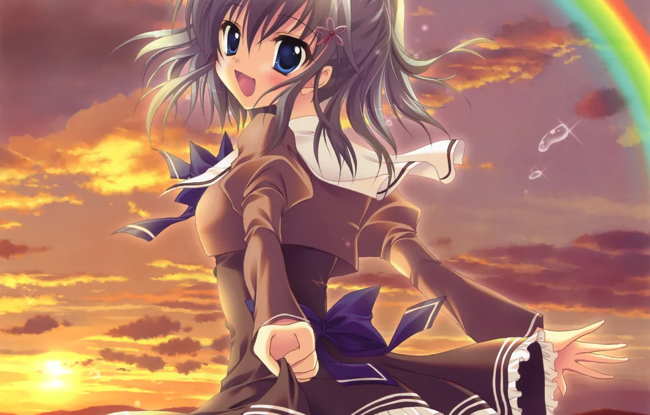 Фото обои небо, девушка, солнце, облака, капли, закат, трусики, радуга