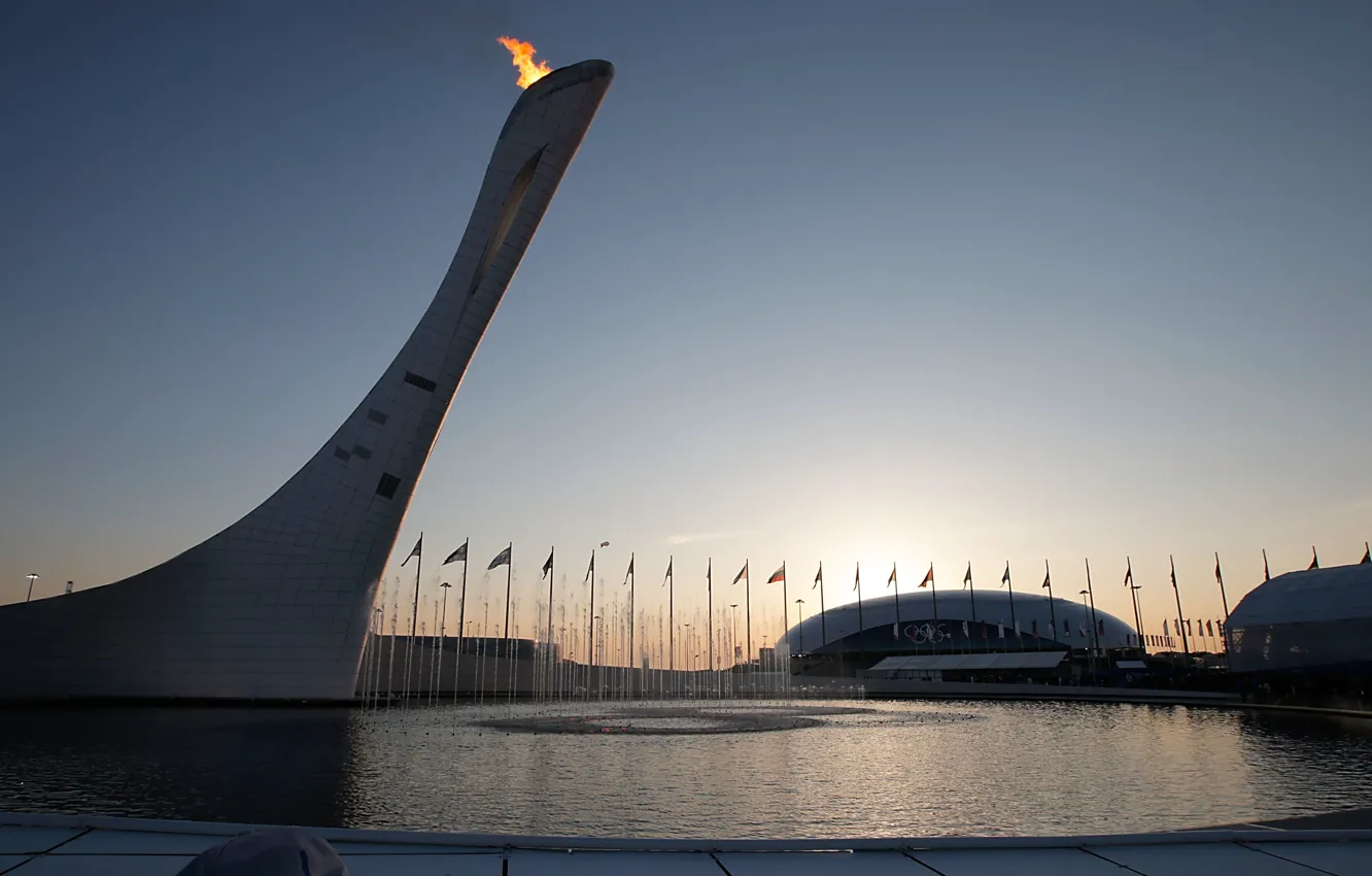 Фото обои вода, закат, огонь, фонтан, Сочи, XXII Зимние Олимпийские Игры, sochi 2014 olympic winter games, Олимпийский …