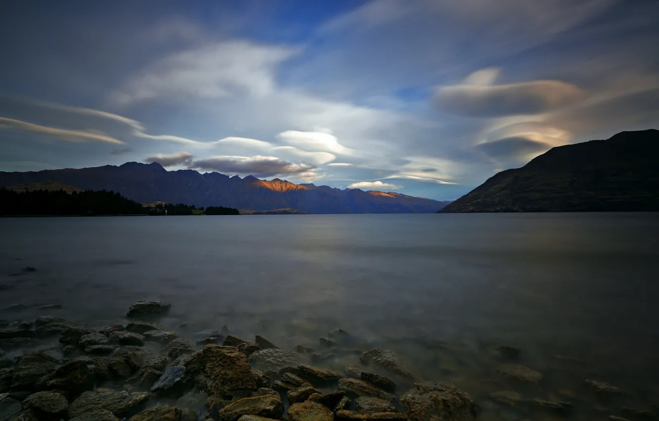Фото обои озеро, утро, New Zealand, Lake Wakatipu, Уакатипу