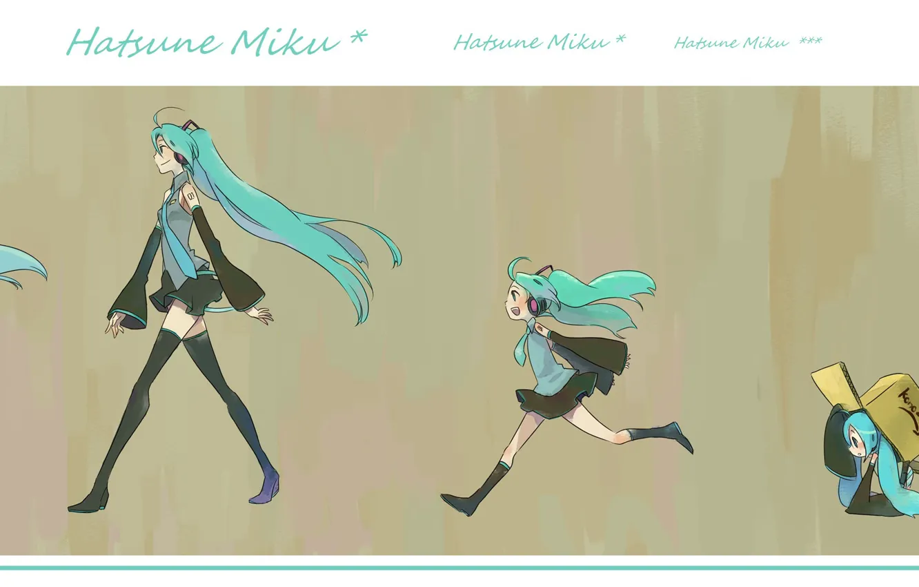 Фото обои коробка, наушники, серый фон, vocaloid, Hatsune Miku, бежит, длинные волосы, вокалоид