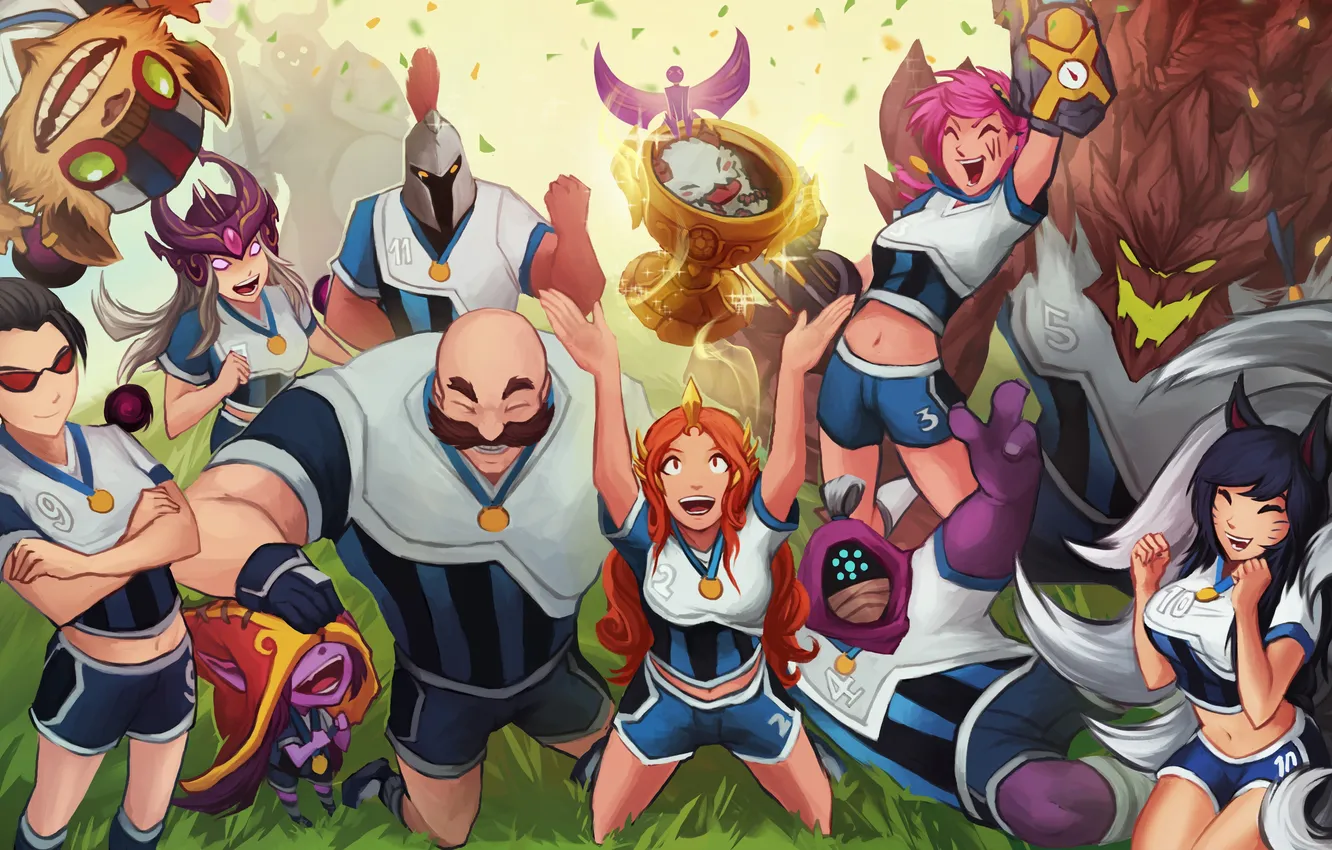 Фото обои team, League of Legends, jax, Ahri, Malphite, lulu, Syndra, Braum