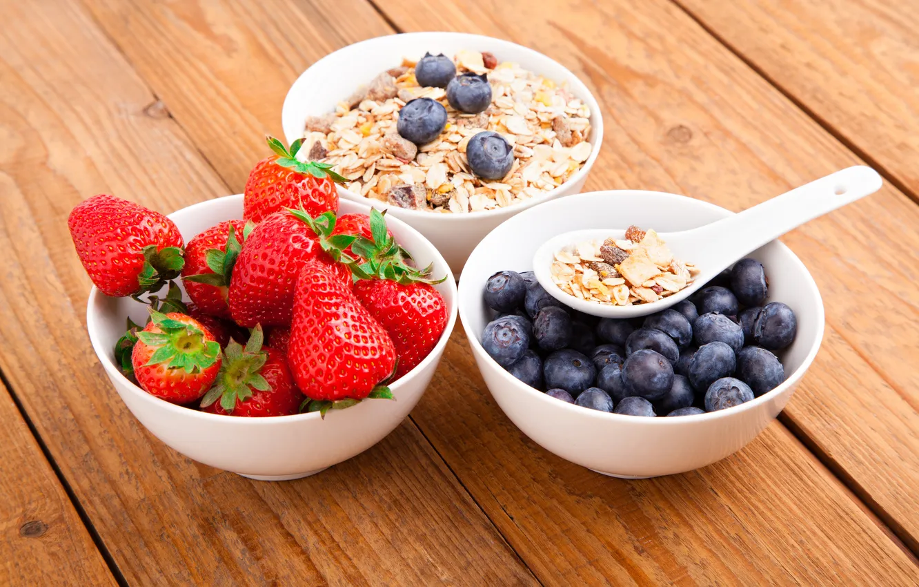 Фото обои хлопья, Здоровый завтрак, мюсли с молоком и фруктами и ягодами