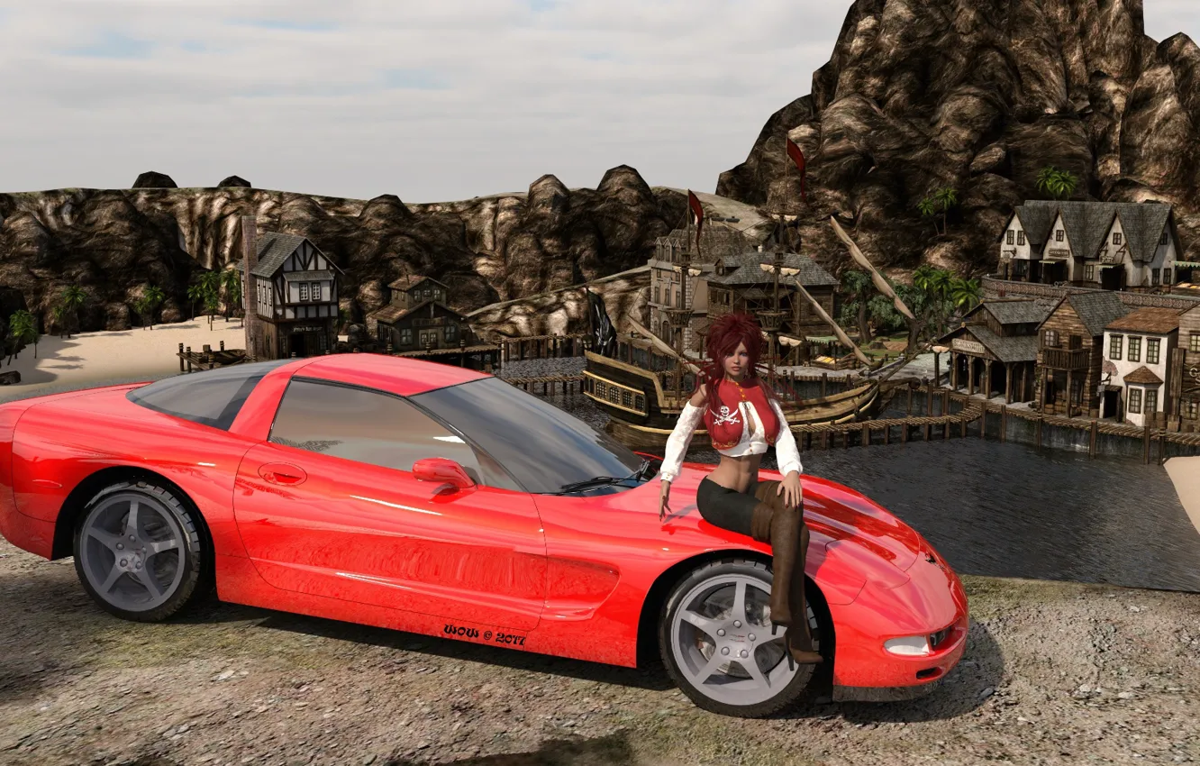 Фото обои девушка, город, автомобиль, красная машина