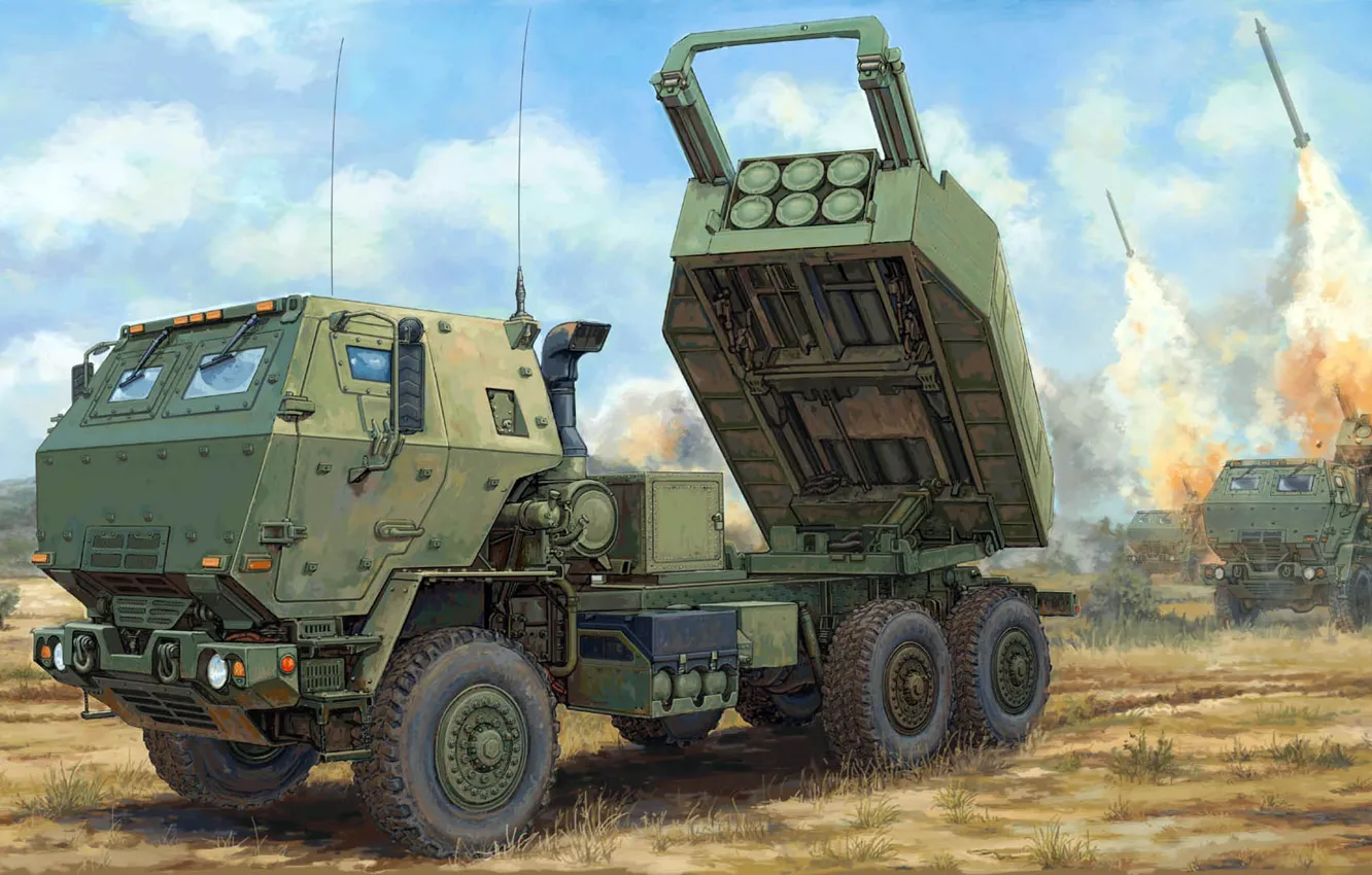 Фото обои США, High Mobility Artillery Rocket System, на колёсном шасси, HIMARS, Реактивная артиллерия, американская реактивная система …