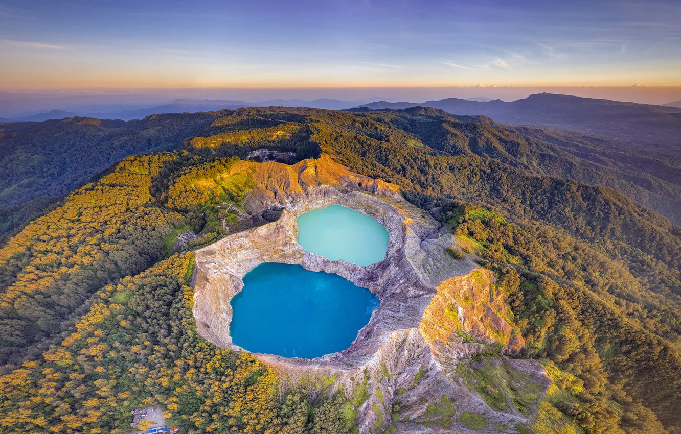 Фото обои Indonesia, volcano, aerial view, crater lake, Flores Island, Kelimutu