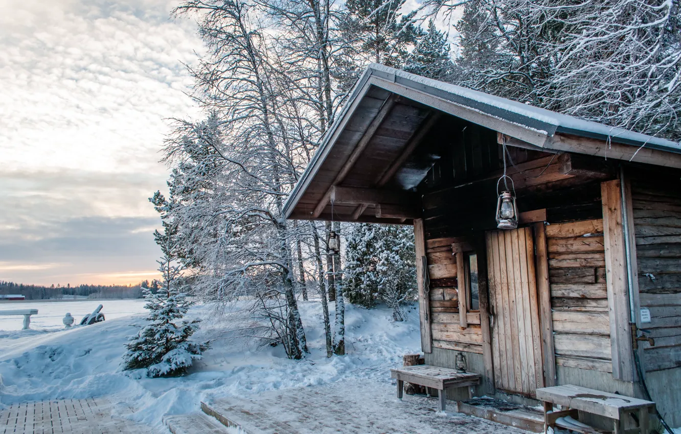 Фото обои Зима, Снег, Финляндия, Finland, Traditional smoke sauna, Леммонкарки, Традиционная дымовая сауна, Озеро Пайянне