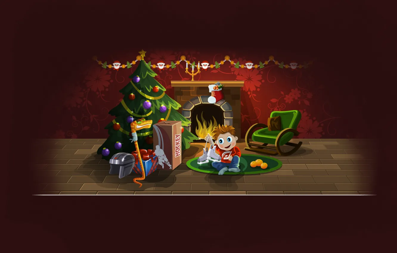 Фото обои елка, новый год, рождество, змея, мальчик, подарки, шлем, камин