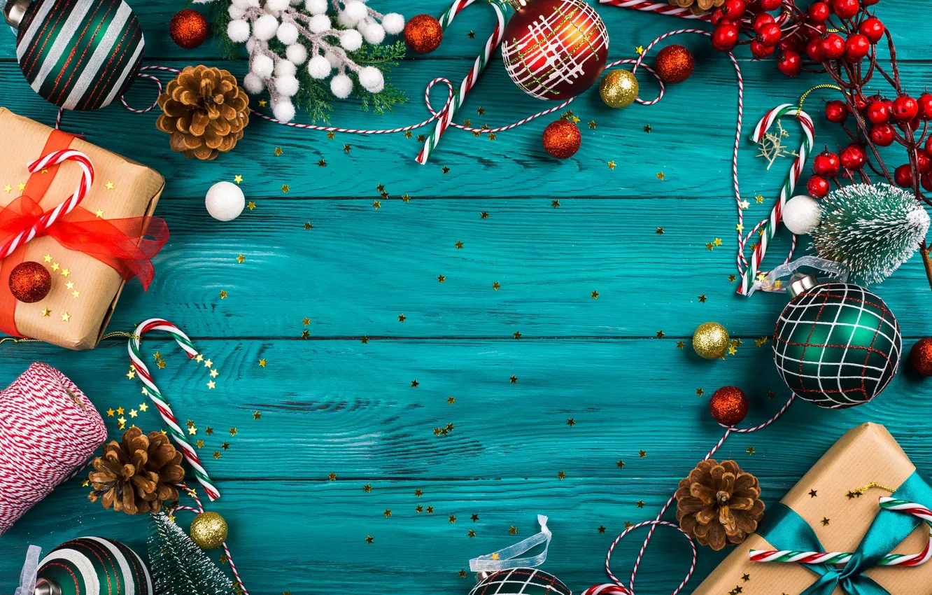 Фото обои шарики, праздник, доски, Рождество, Новый год, ёлочные игрушки, новогодние украшения, бирюзовый фон