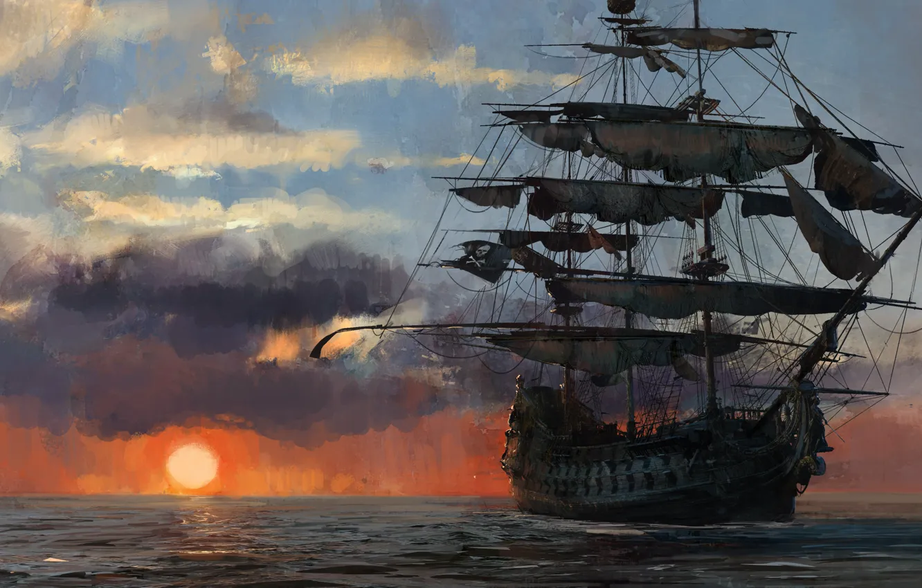 Фото обои game, pirate, sunset, pirate ship, flag, ship, pirate flag, kaizoku