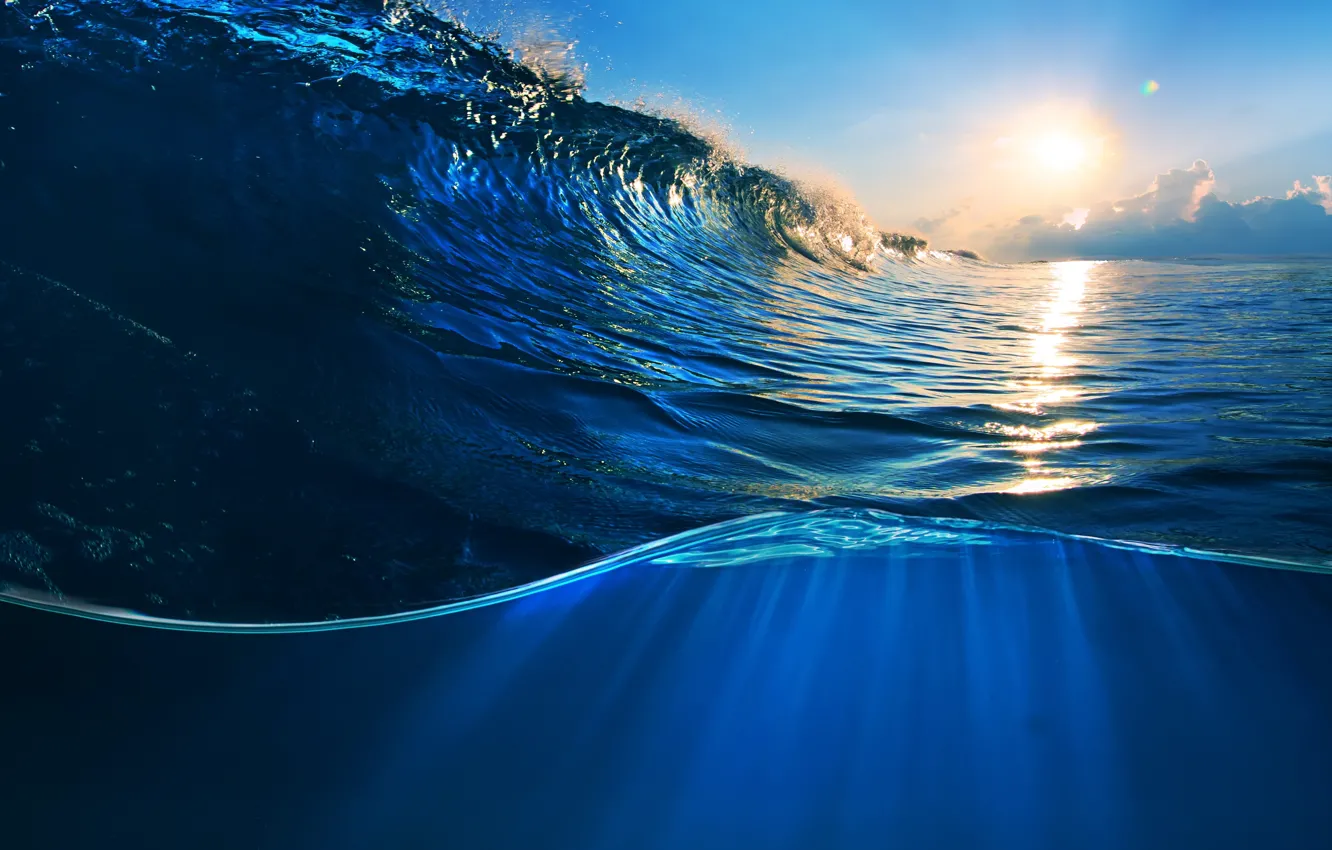 Фото обои вода, солнце, океан, волна