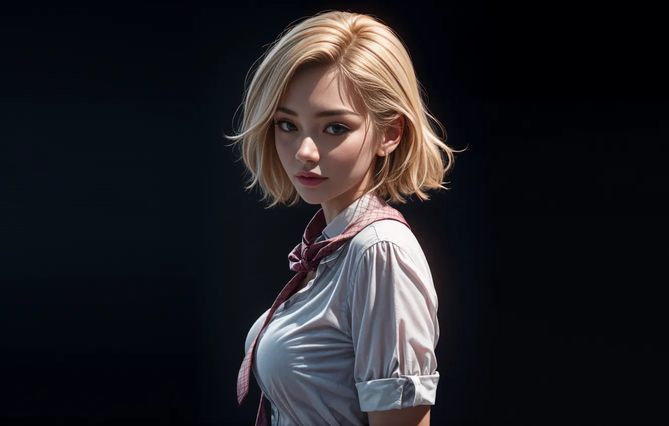 Фото обои school uniform, minimalism, blue eyes, short hair, women, blonde, digital art, black background
