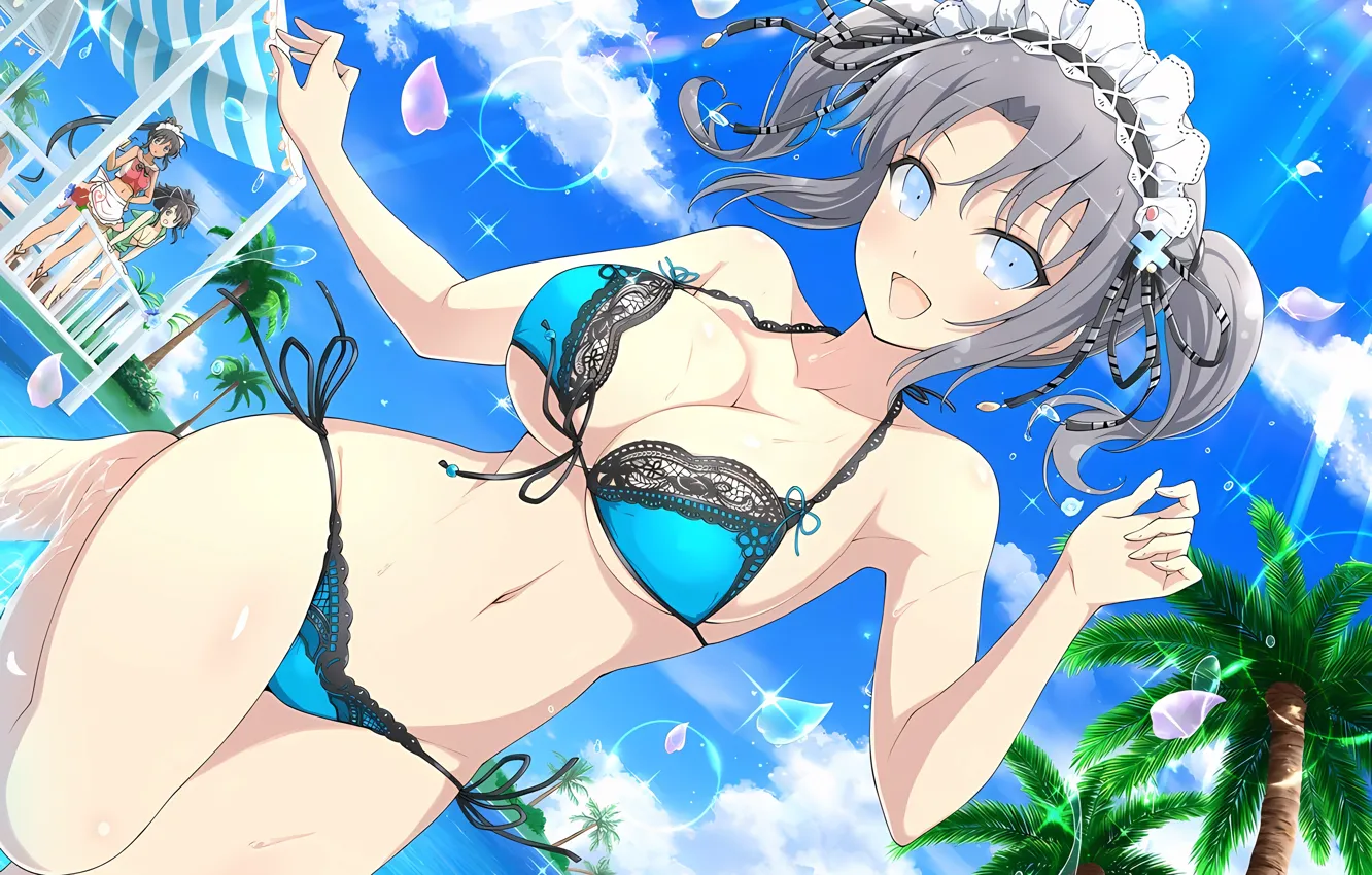 Фото обои girl, sexy, wet, pool, cleavage, sky, boobs, anime
