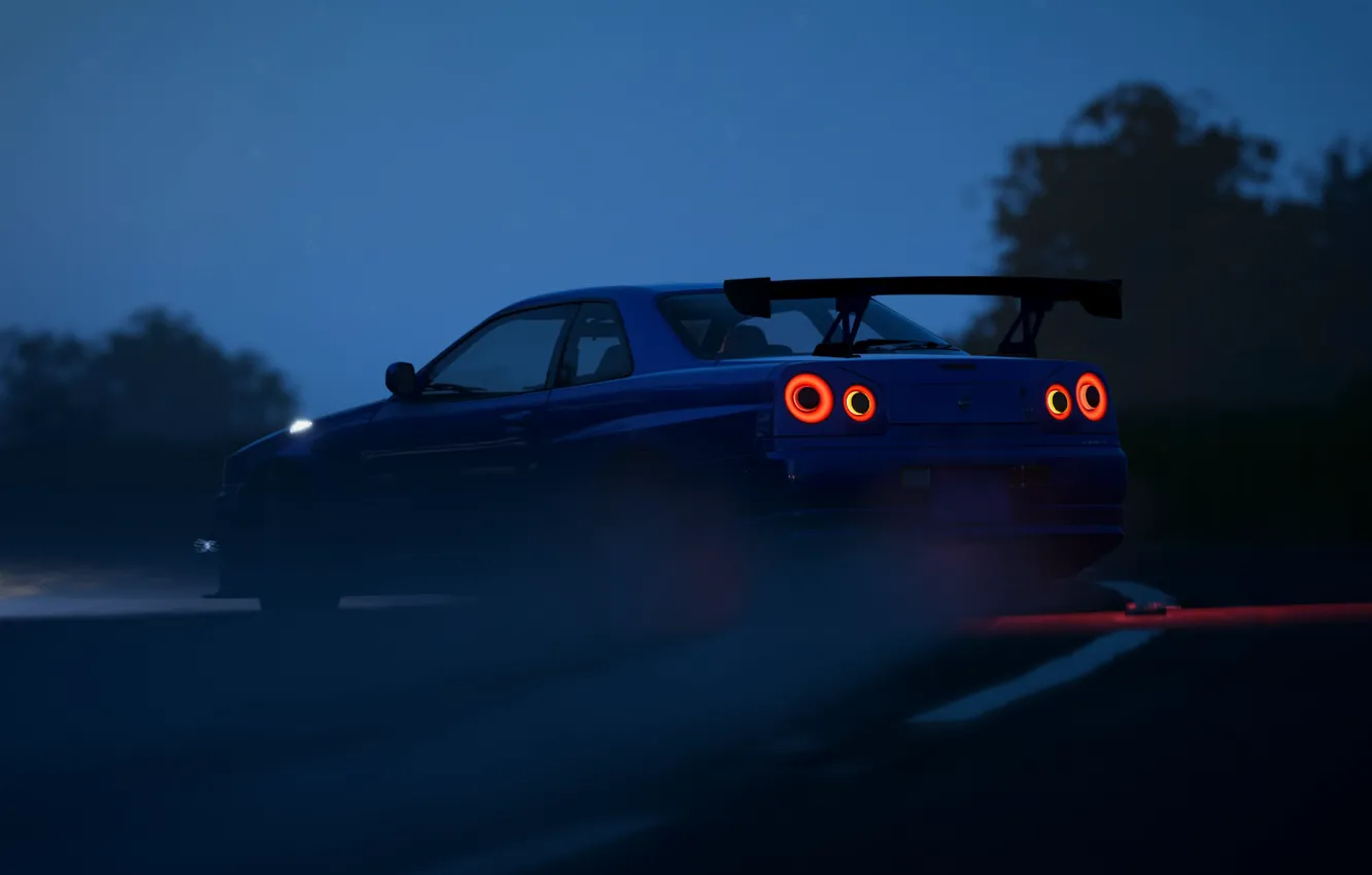 Фото обои дорога, car, тьма, Ночь, nissan, dark, дрифт, drift