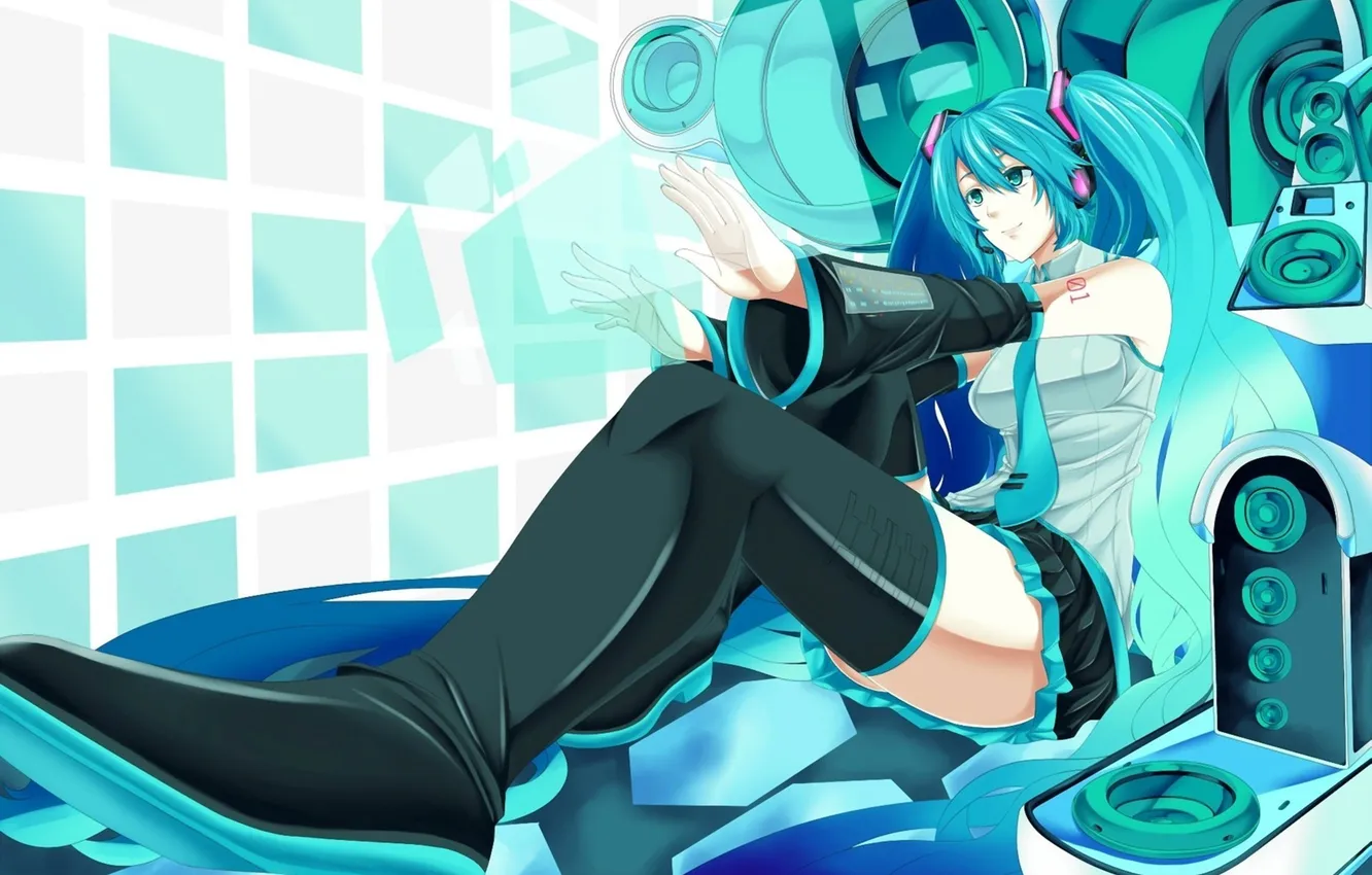 Фото обои девушка, интерфейс, динамики, vocaloid, hatsune miku, сидя