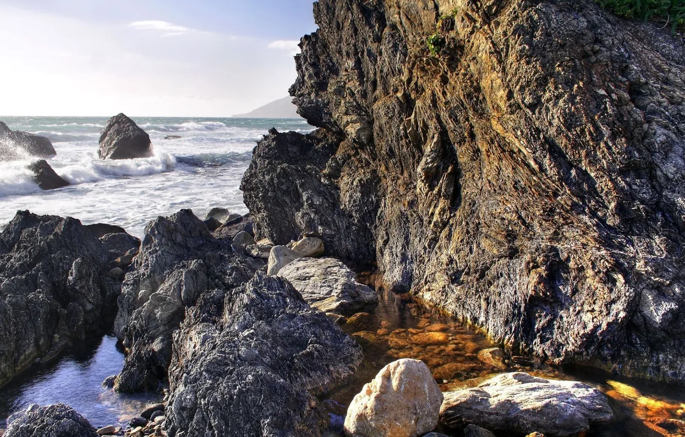Фото обои море, волны, брызги, природа, камни, скалы, прибой, nature