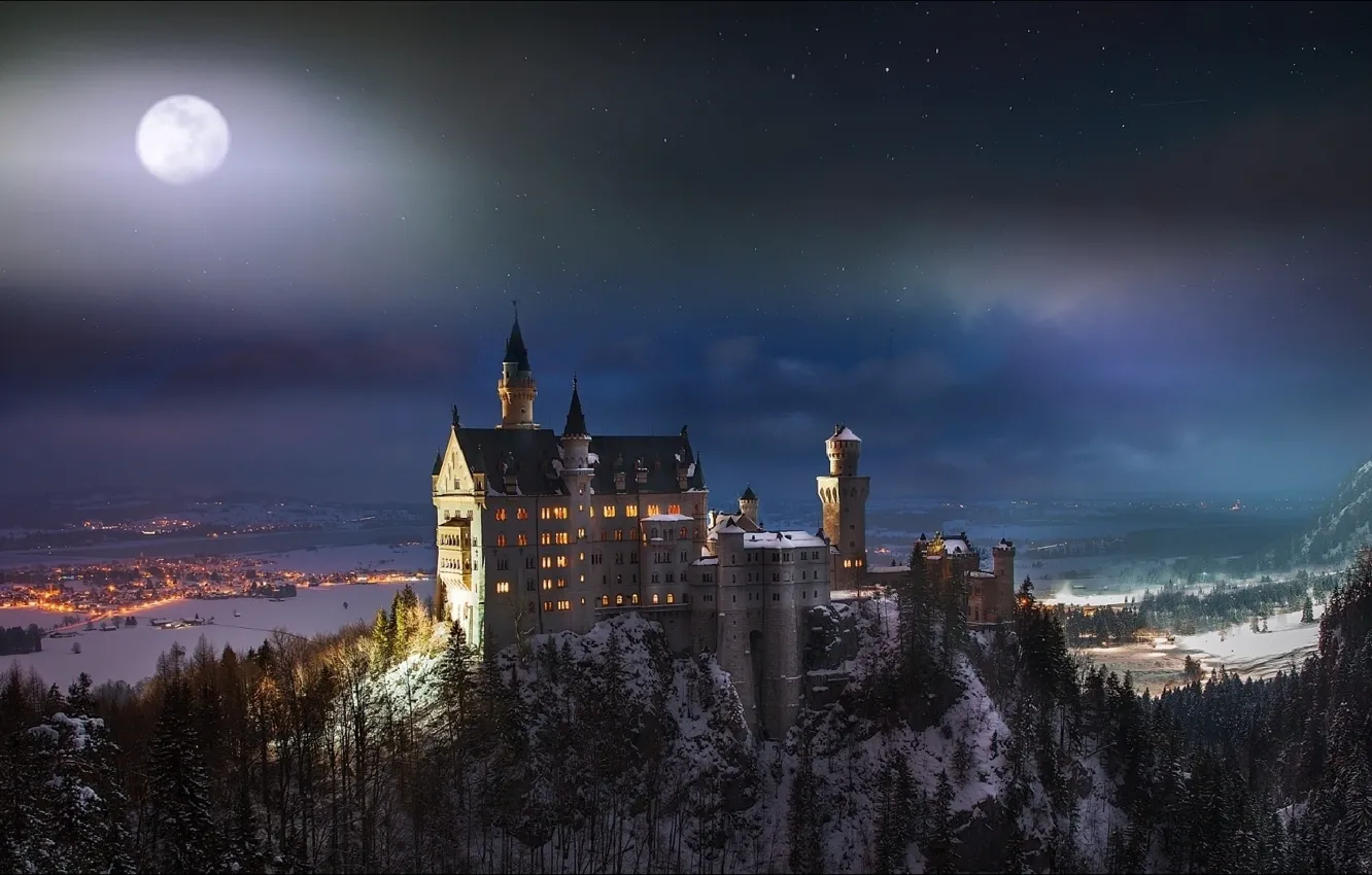 Фото обои ночь, Луна, Бавария, Neuschwanstein, Moon, night, Bavaria