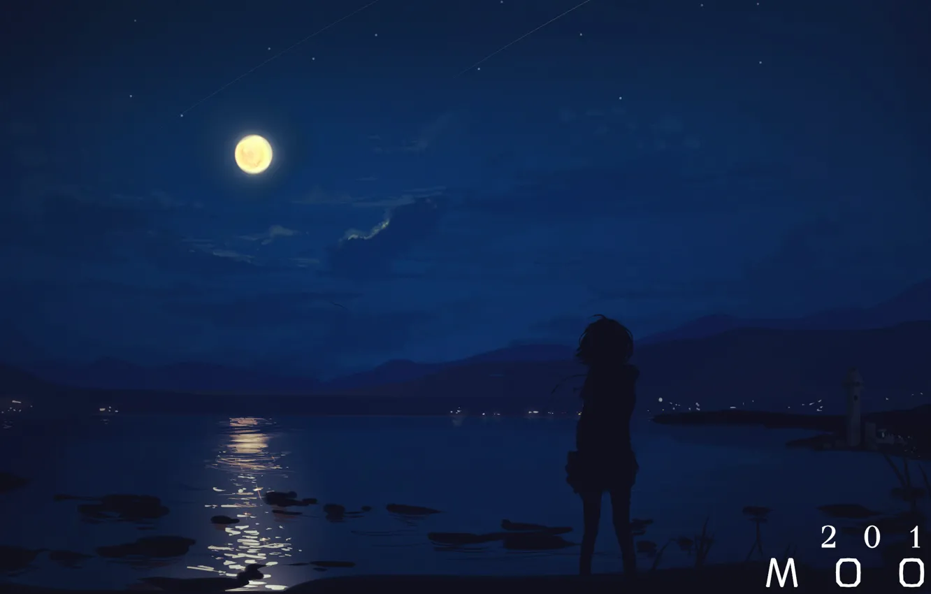 Фото обои море, девушка, ночь, луна, moon2017