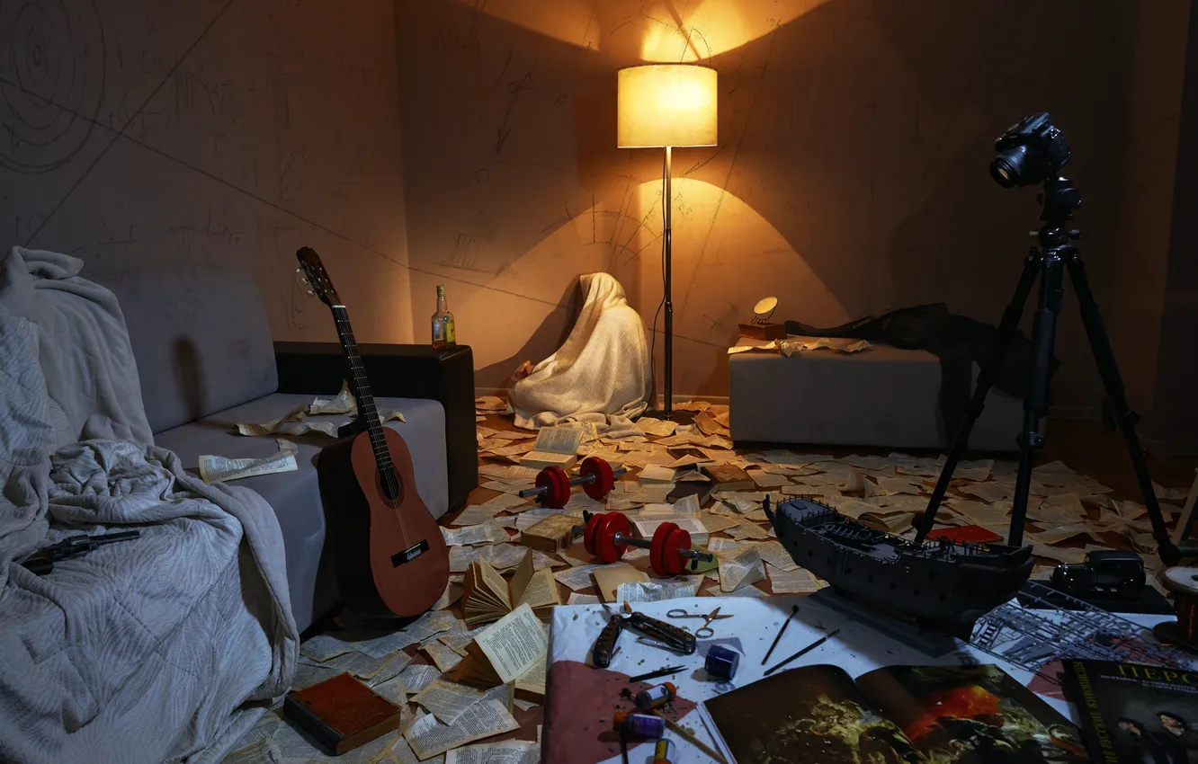 Фото обои надежда, комната, человек, гитара, фотоаппарат, guitar, творчество, camera