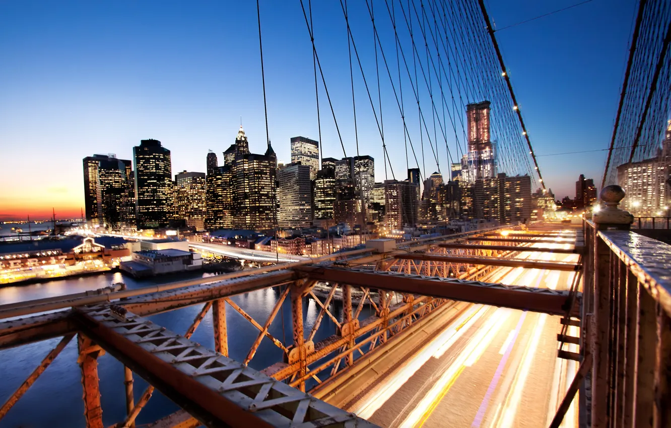 Фото обои закат, нью-йорк, sunset, new york, usa, nyc, Brooklyn Bridge, Financial District