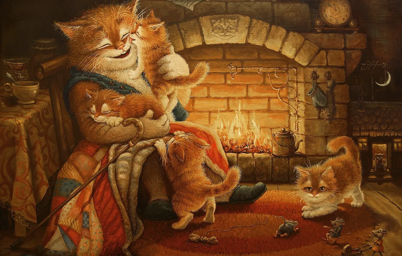 Фото обои кот, рисунок, сказка, вечер, арт, котята, камин, детская
