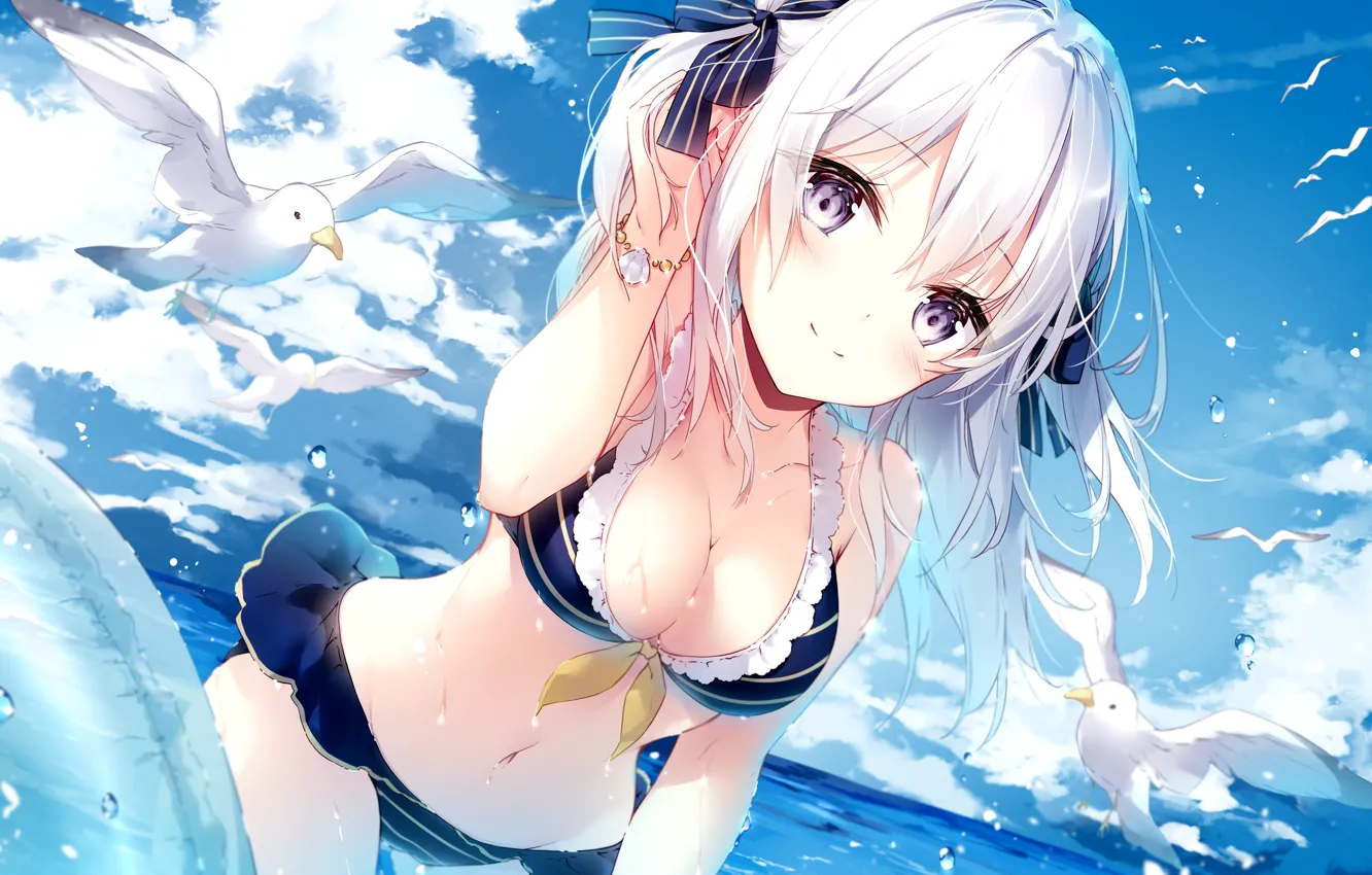 Фото обои girl, sexy, wet, cleavage, sky, long hair, sea, boobs