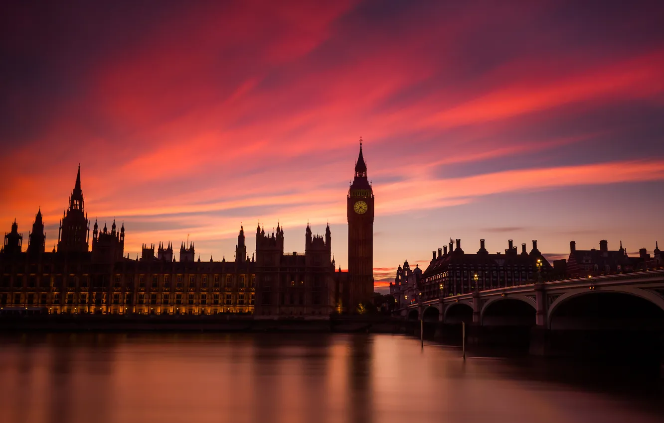 Фото обои небо, облака, мост, часы, Англия, Лондон, башня, парламент