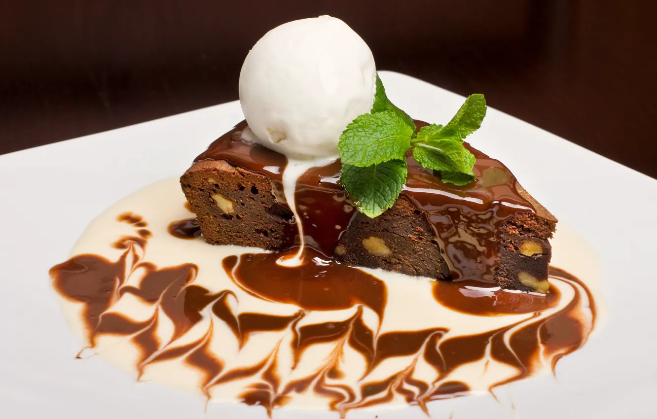 Фото обои тарелка, мороженое, пирожное, cake, мята, десерт, карамель, dessert