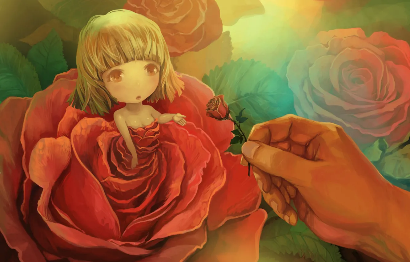 Фото обои роза, рука, фея, девочка